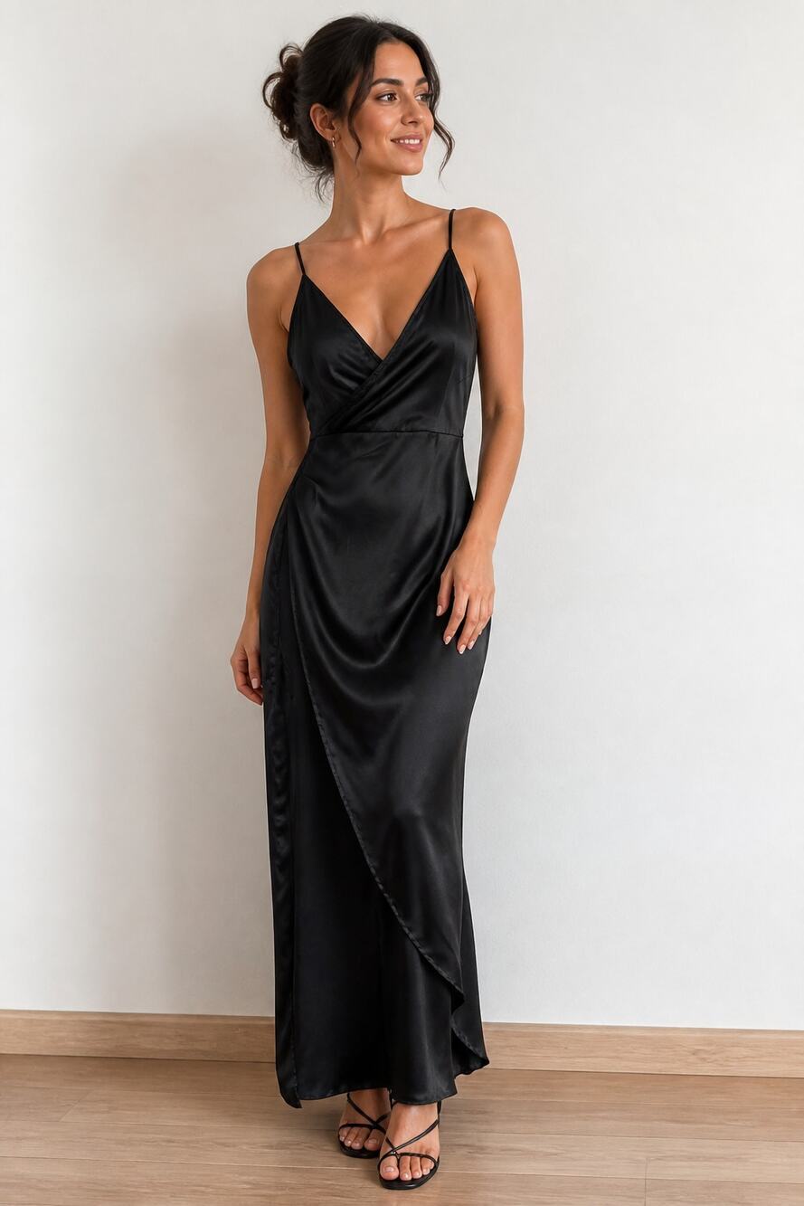 PrettyLittleThing Women's Black Satin Wrap Maxi Dress Size US 4